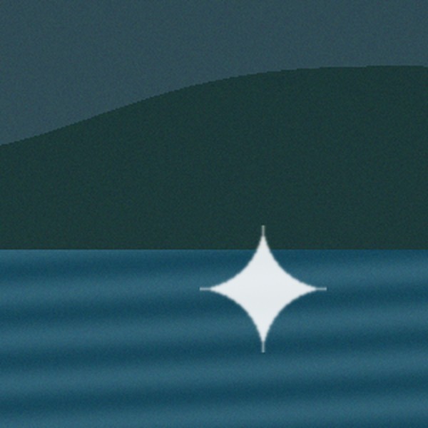 Corner of a landscape picture with a white sparkle over water